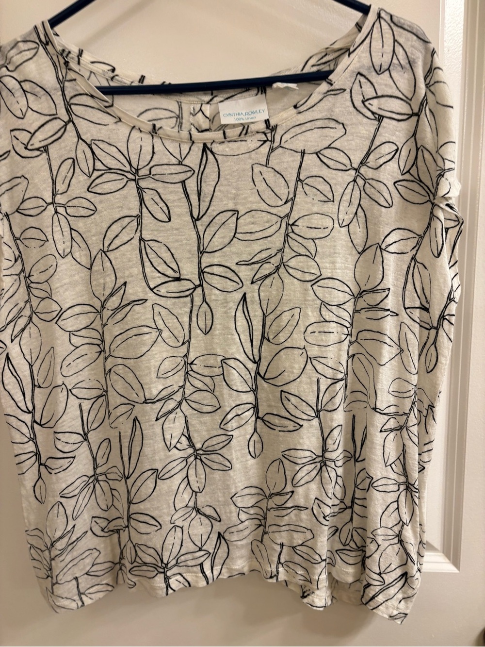 Cynthia Rowley Cream Top with Black Leaf Print - Short Sleeve